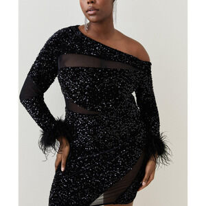 Karen Millen Plus Size Black Long Sleeve Sequin Velvet Mesh Detail Feather Cuff